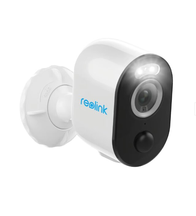 Övervakningskamera Reolink Argus 3 Pro med vit hölje och svart front, monterad på justerbart fäste, LED-lampa och lins synliga.