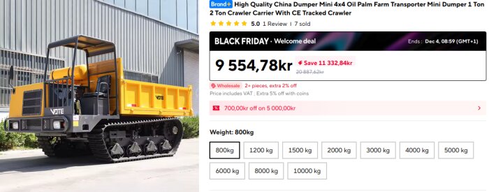 Gul bandvagn med flak, annonserad som en mini dumper, med Black Friday-erbjudande och rabatterad prisinformation synlig i annonsen.
