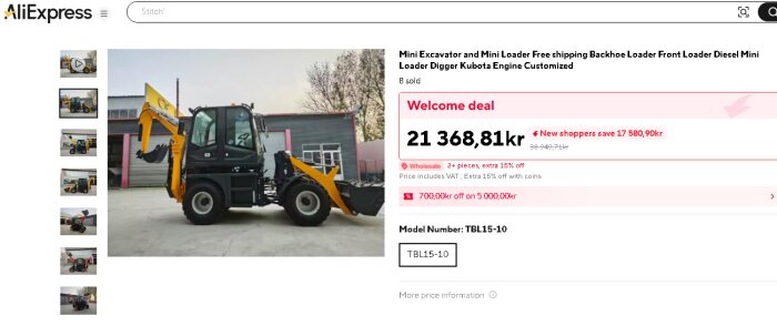 Gul och svart minigrävare och lastare på parkeringsplats, marknadsförd för 21 368,81 kr på AliExpress. Modellen anges som TBL15-10.