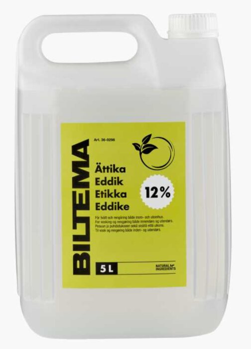 Plastdunk med 5 liter 12% ättika från Biltema för rengöring, med gul etikett och text på flera språk.