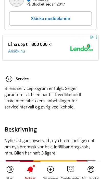 Skärmdump av en bilannons på Blocket med detaljer om service och bilens tillstånd.