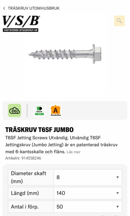Träskruv T6SF Jumbo för utomhusbruk, 8 mm diameter, 140 mm längd, visas med sexkantsskalle och fläns.