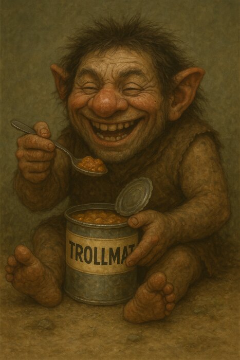 Leende troll med stora öron äter mat från en burk märkt "Trollmat" med hjälp av en sked.