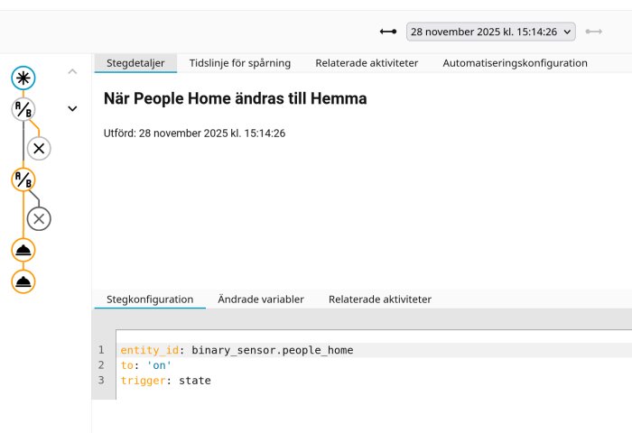 Gränssnitt för automatisering visar en triggad sekvens där en sensor ändras till "hemma" den 28 november 2025, kl. 15:14:26.