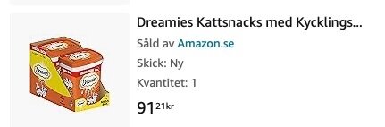 Dreamies kattsnacks med kycklingsmak från Amazon.se, ny skick, kvantitet 1, pris 91,21 kr. Bild av två orangea kartonger.