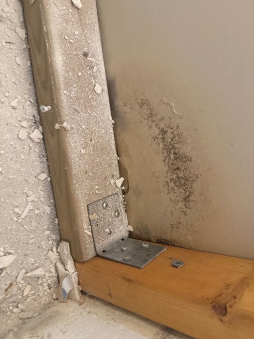 Närbild av en källarvägg med träregel och metallbeslag, spår av fukt och skador i hörnet samt flagande färg eller puts.