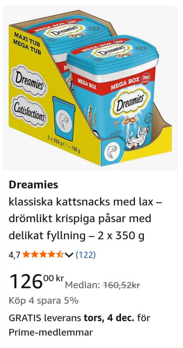 Förpackning av Dreamies kattsnacks med lax, 2 x 350 g, visas med priset 126 kr, gratis leverans 4 dec.