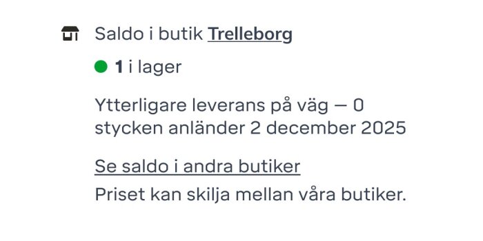 Restlagersaldo för murbruk i Trelleborgs butik, 1 säck i lager, nästa leverans 2 december 2025.