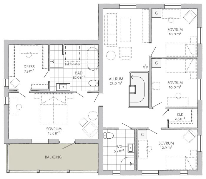 Planritning över ett hus med rumsmått inklusive sovrum, klädkammare, allrum, badrum och balkong, märkta med kvadratmeterangivelser.