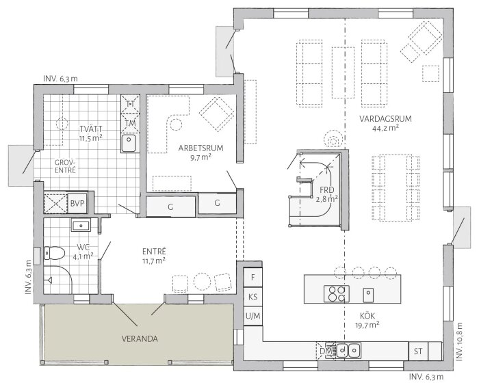 Planritning för Eksjöhus, Kaptensgården, med markering av entré, kök, vardagsrum och arbetsrum.