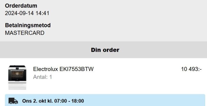 Beställningsbekräftelse för en Electrolux EKI7553BTW induktionsspis köpt med Mastercard, med leverans planerad till 2 oktober kl. 07:00–18:00.