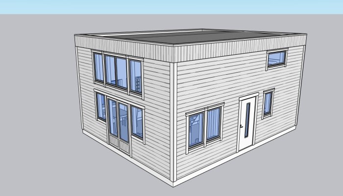 3D-ritning av ett tvåvåningshus med fönster och dörr, uppdaterat till en höjd av 4,5 meter.
