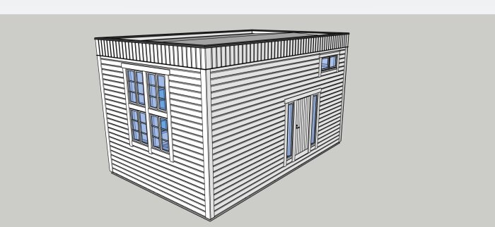 3D-rendering av en vit, modern byggnad med trapetsformat tak och höjd 4,5 meter. Två stora fönster och en dörr på framsidan.