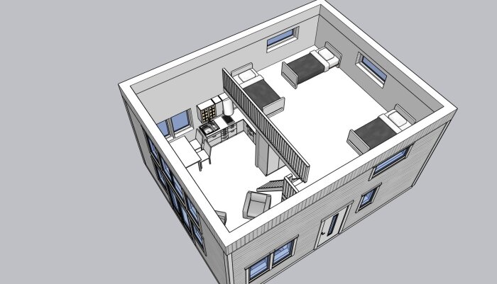 3D-modell av en byggplan med två sovrum, kök och matplats, visad från ett fågelperspektiv. Uppdaterad till 4,5 meters höjd.