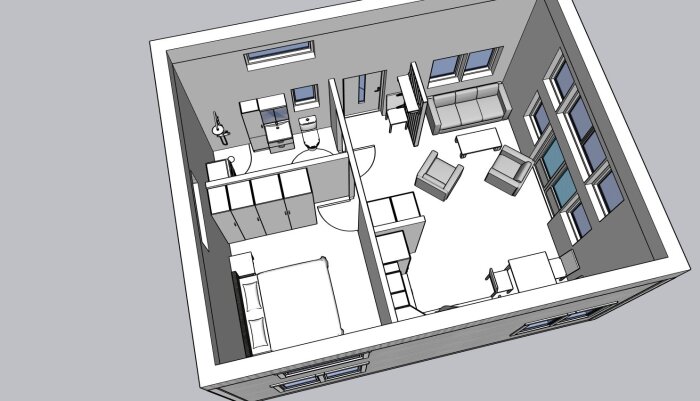 3D-modell av en uppdaterad byggnadsplan, visande rum och möblemang från ovan, anpassad till en höjd på 4,5 meter.