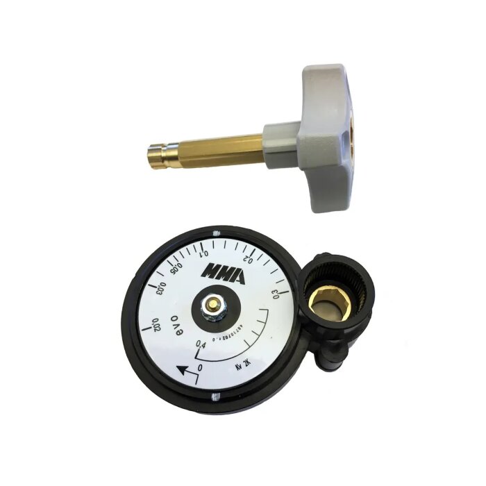 Förinställningsverktyg med grå vred och svart vit indikator från MMA, används för justering av ventiler.