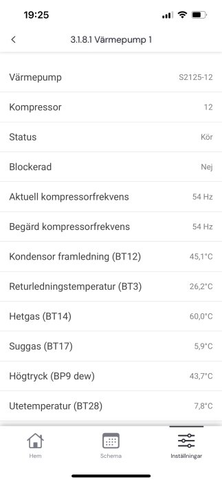 Skärmbild av värmepumpsinställningar med kompressorstatus, frekvens och temperaturer för olika komponenter, exempelvis 54 Hz och 45,1°C.