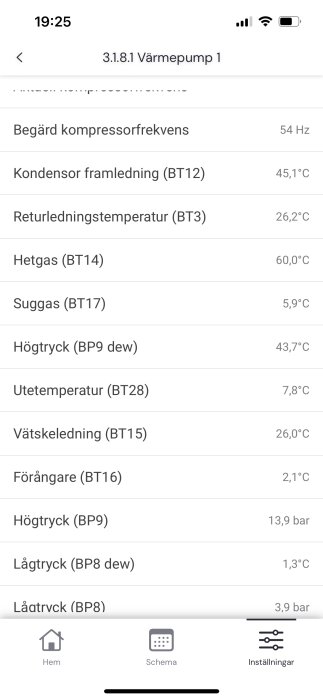 Skärmdump av en värmepumpinställning med olika temperaturer och tryck, såsom kondensor, hetgas och utetemperatur avlästa.