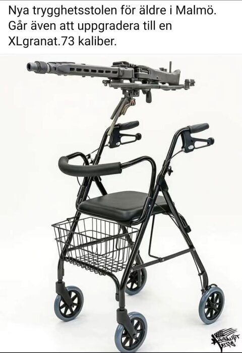Rullator med fastmonterat stort maskingevär ovanpå, humoristisk bild om trygghet för äldre.