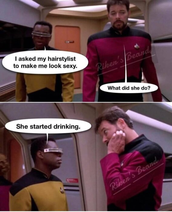 Två personer i rymdskeppskorridor pratar; en med visir och den andra med skägg. Visirpersonen skämtar om frisörens reaktion.