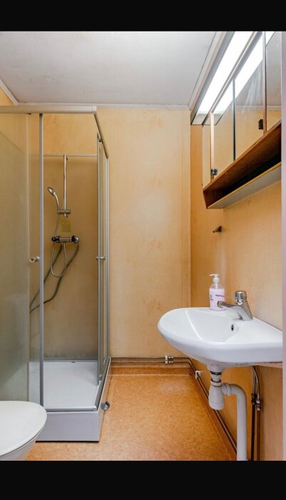 Badrum med duschkabin, handfat och spegelskåp, daterat 1995 renoverat.