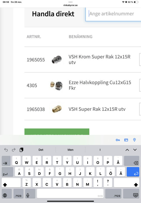 Ange artikelnummersida med rördelar VSH Krom Super Rak 12x15R och Ezze Halvkoppling Cu12xG15 Fkr för rörkoppling.
