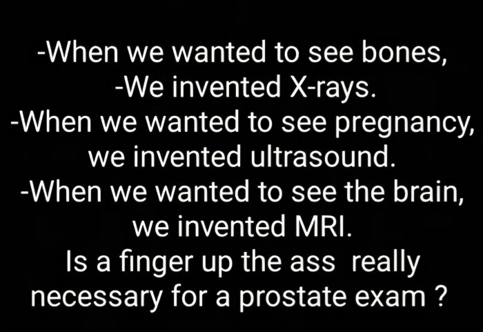 Textbild med en humoristisk jämförelse av medicinska tekniker och en fråga om digital rektalundersökning för prostataexamen.