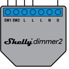 Shelly Dimmer 2-anslutningar: SW1, SW2, L, L, L, N, O.