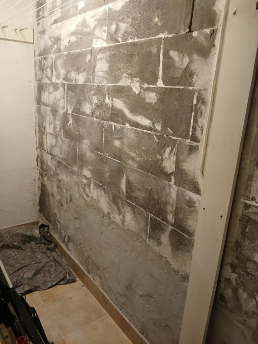 Innervägg i ett sutteränghus med tegelblock, delvis putsad. Diskussion om nät och putsbruk för optimal konstruktion.