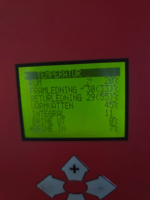 Digital display för golvvärmesystem som visar temperaturinställningar och brine-in och brine-ut värden, samt aktuell rumstemperatur.