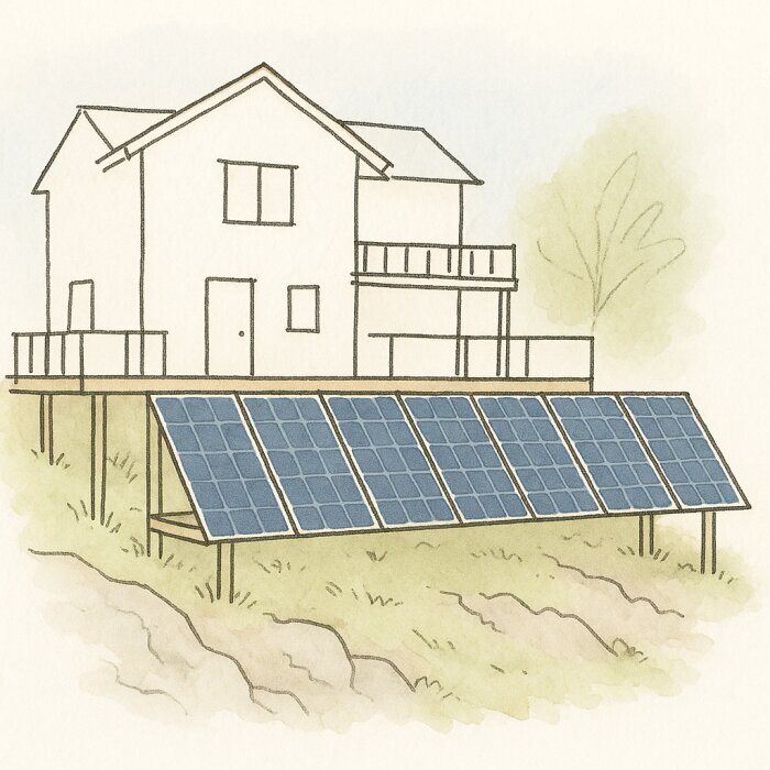 Solpaneler monterade under en altan vid ett hus, placerade på stolpar på en sluttande tomt, som liknar ett plank.