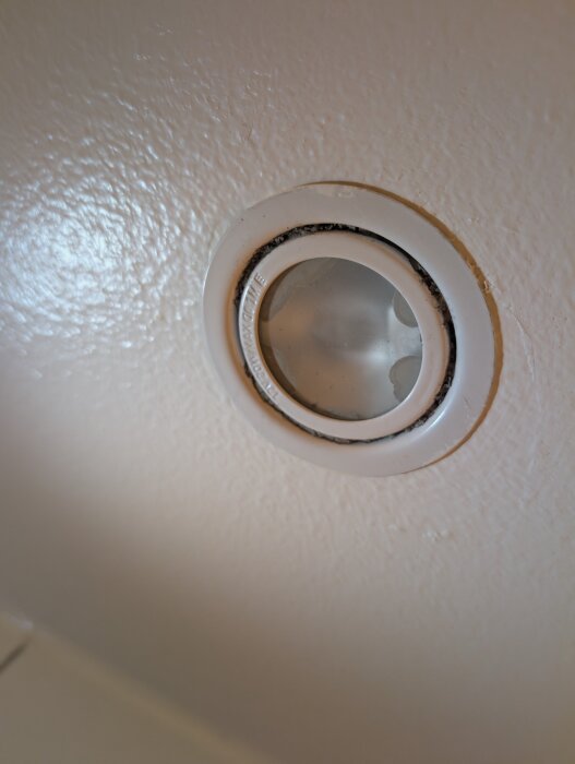 Halogen spotlight monterad i tak med en fast ring och glas som är svårt att avlägsna för lampbyte.