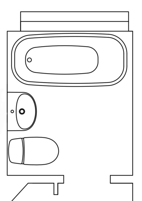 Planskiss av litet badrum med badkar, toalett och handfat.