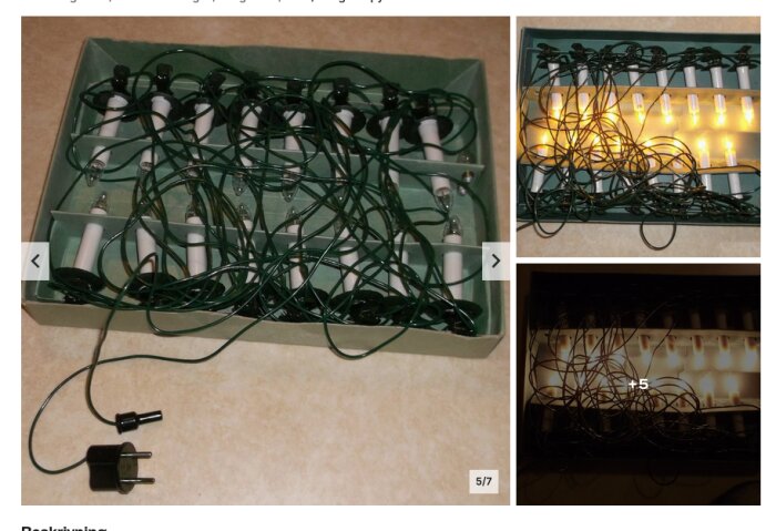 Antik Philips julgransbelysning i originalförpackning från 1950-60-talet, visande flera lampor och kablar, några lampor är tända.