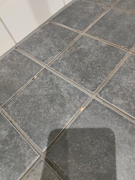 Grå klinkergolvplattor med synliga sprickor och hål i fogarna i en duschmiljö.