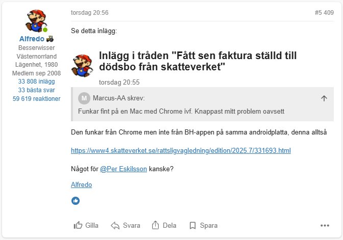 Användare diskuterar länkvisning i forumet, med inläggsbilder och problem med att länkar är otydligt markerade. Länkar till Skatteverkets webbsida nämns.