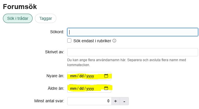 Forumsöksida med amerikanskt datumformat för sökfilter markerat i sökverktyget.