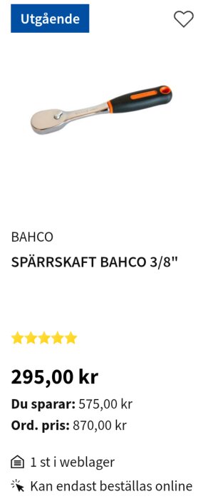 Bahco spärrskaft 3/8" med svart och orange handtag, pris 295 kr på Bauhaus, fem stjärnor, avslutande produkt.