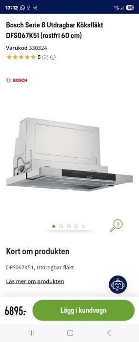 Bosch Serie 8 utdragbar köksfläkt DFS067K51, rostfri, 60 cm. Produktbild med fläktens kontrollpanel synlig. Priset är 6895 kr.