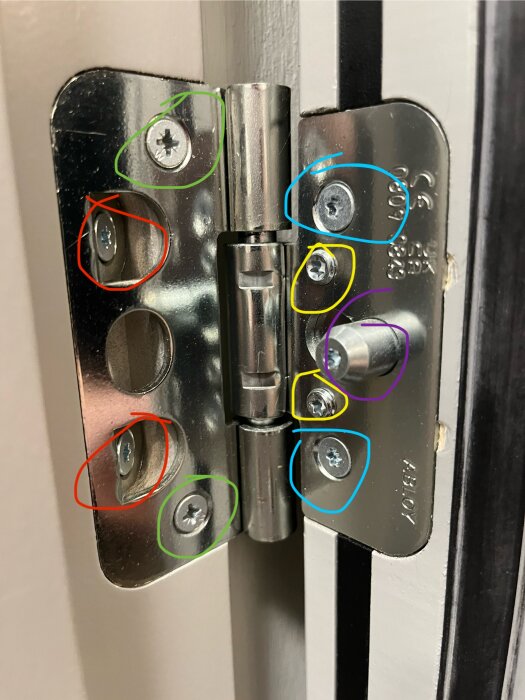 Närbild på en gångjärn av en dörr med färgmarkerade skruvar för justering, där dörren hänger snett och tar i över dörrhandtaget.