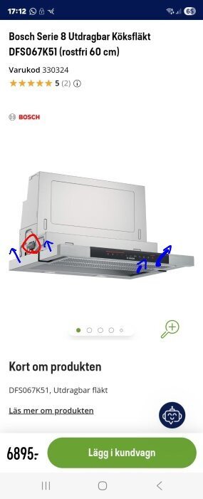 Bild av Bosch Serie 8 utdragbar köksfläkt, modell DFS067K51, med röda och blå markeringar vid monteringsdetaljer. Priset är 6895 kr.