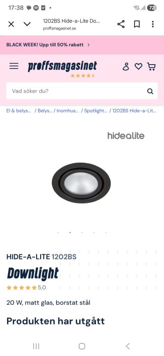 Rund spotlight, modell Hide-a-lite 1202BS, med matt glas och borstat stål, visas på en produktinformationssida från proffsmagasinet.se. Produkten är utgången.
