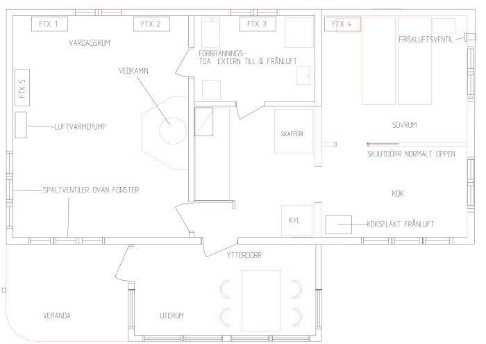 Planskiss av stuga från 1947 med tillbyggnad från 2019. Visar placeringar för FTX-ventilation, luftvärmepump, vedkamin och rumsfördelning.