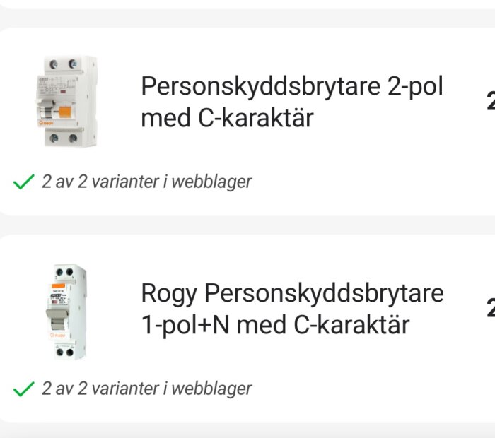 Två personskyddsbrytare: en 2-pol och en 1-pol+N, båda med C-karaktär, visas samt deras lagerstatus.