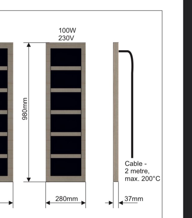 IR-panelens mått och kabelbeskrivning, 980x280 mm, 2 m kabel, max 200°C, Tylö IR-panel för bastumonteringsguide.
