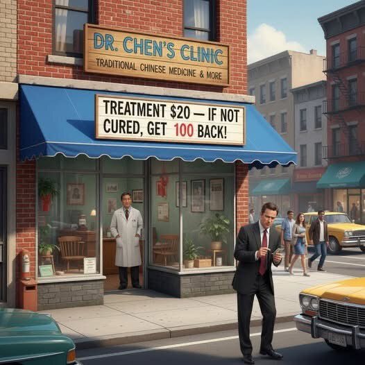 Dr. Chen's Clinic with a sign offering $20 treatments, located on a street with a man in a suit looking at his wallet, illustrating a humorous anecdote.