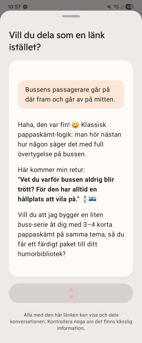 En telefonvisning av ett skämt om bussresenärer och pappaskämt-logik med humoristiska kommentarer och emoji av en buss och hållplats.