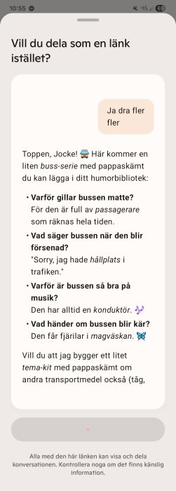 Textmeddelande med pappaskämt om bussar, inklusive frågor som "Varför gillar bussen matte?" och skämt om bussmusik.