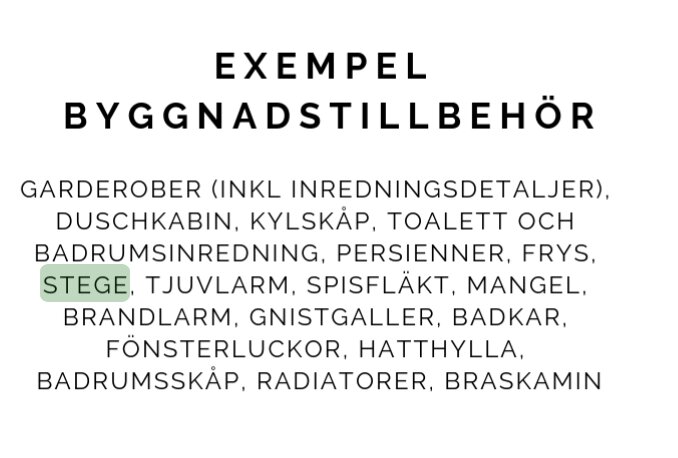 Exempel på byggnadstillbehör med texten "stege" markerad i listan över objekt som ingår.