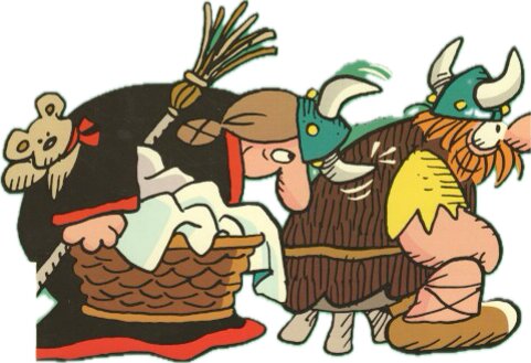 En tecknad figur i vikingakläder bär en annan figur i en tvättkorg på ryggen.